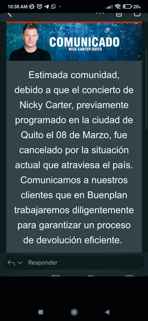 BsBfcEcuador's tweet photo. Comunicado
Queridos Fans de Backstreet Boys en Ecuador,después de semanas de la supuesta reprogramación del concierto de @nickcarter para nuestro país🇪🇨 esta es la info que nos dan y seguimos en espera por las fechas concretas de las devoluciones @Ticketshow @buenplantickets https://t.co/JsFge8Lik6