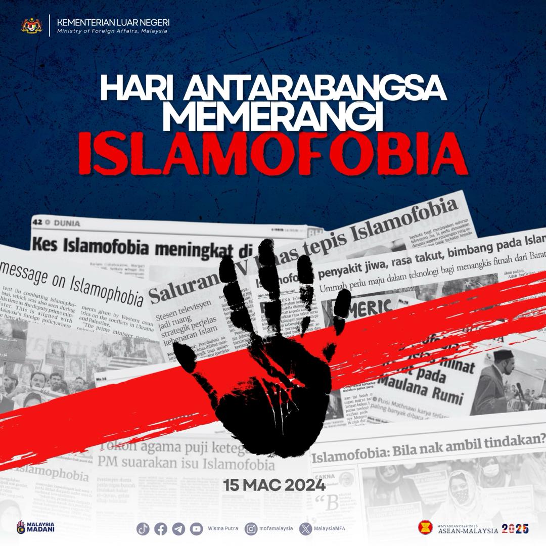 MalaysiaMFA's tweet image. Today marks the 3rd Anniversary of International Day to Combat Islamophobia. Malaysia reaffirms its unwavering commitment to address all acts of violence and hatred based on religion or beliefs. Let's unite against prejudice, promote peace through dialogue &amp;amp; embrace diversity.