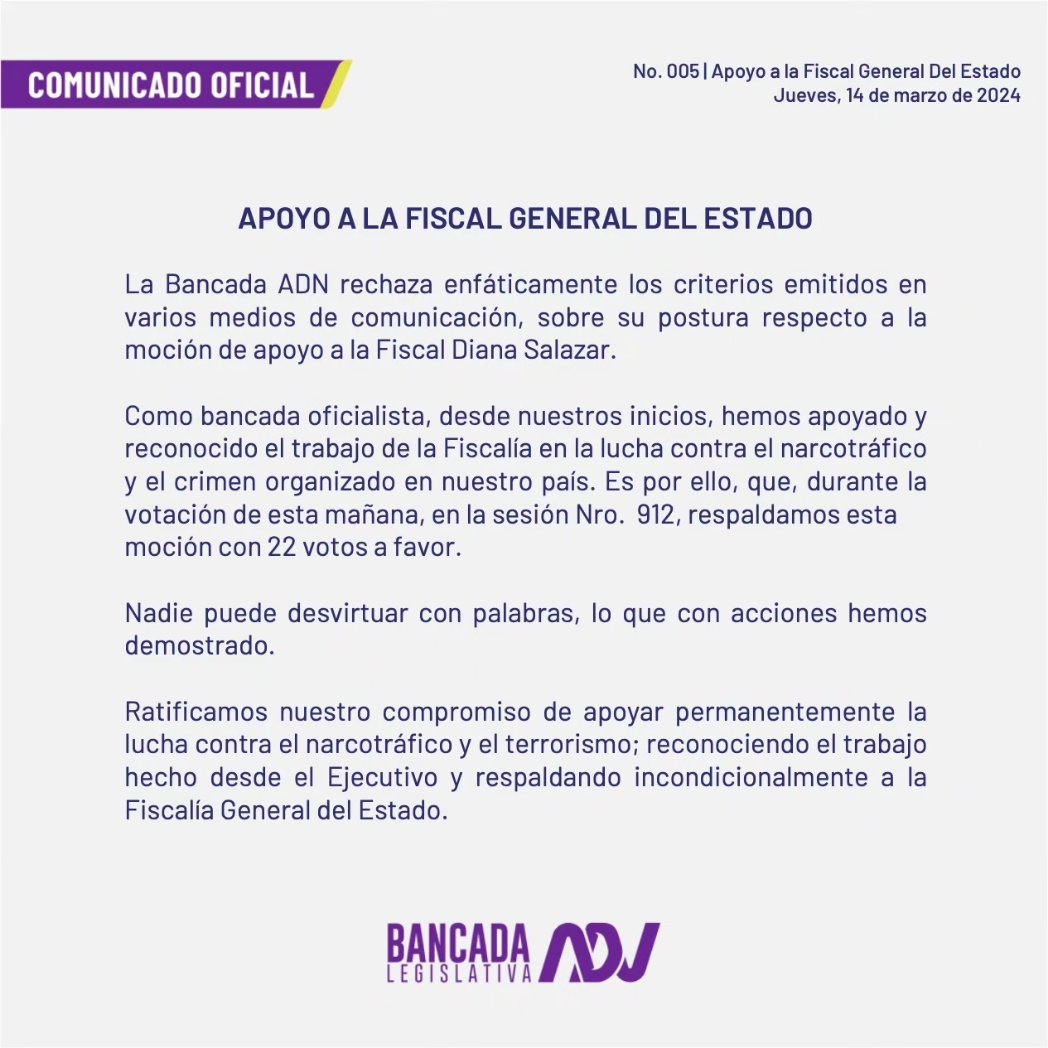 BancadaADN's tweet image. 🟣 COMUNICADO OFICIAL 🟣

#BancadaADN ratifica su apoyo al trabajo realizado por la Fiscalía General del Estado, en la lucha contra la corrupción, la violencia, la delincuencia y el narco terrorismo. 

No podrán desvirtuar con palabras, lo que con acciones hemos demostrado. 💪🏻💜
