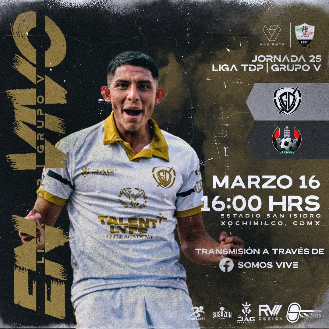 #ViveSiete #LigaTDP
<a href="/LigaTDP/">Liga TDP</a>
 G5 / Jornada 25
<a href="/_GuerrerosDDios/">Guerreros DDios</a>  Vs Atlético Pachuca

🏟 Estadio San Isidro, Xochimilco
🗓️ Sábado 16 de marzo, 16 h

En vivo a través de: 📱🔴🔵 facebook.com/ViveSieteMex/

Patrocinador oficial:
#FisioSanti
#SuSazón
#JAGSportsWear
#RVDesign
#SoundSpeed