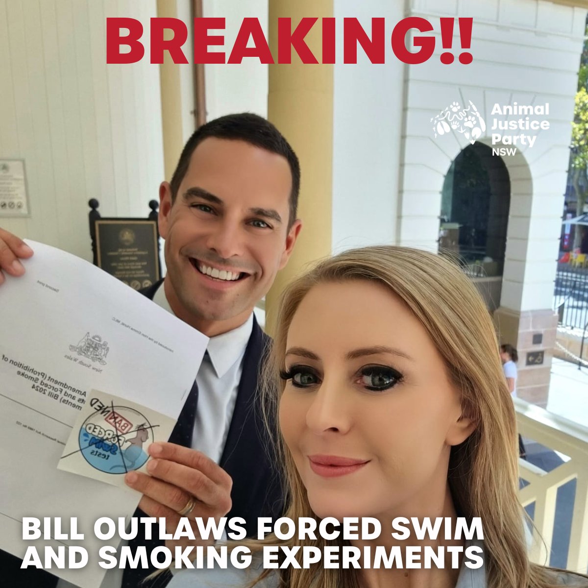 Yesterday in the NSW Parliament our Animal Justice Party Bill that outlaws forced swim and smoking tests PASSED the Lower House!! This is a historic moment for animals and the Animal Justice Party. Thank you to our MP Emma Hurst for making this world-first legislation a reality.