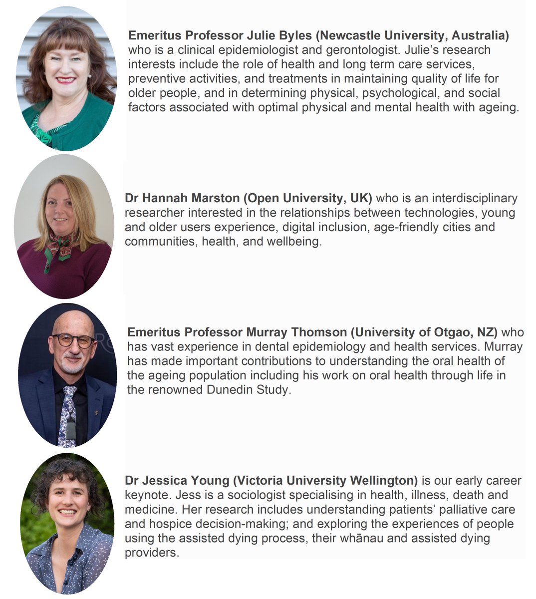 📢Announcing our fabulous #NZAG2024 keynotes 👏 Prof. Jule Byles @Uni_Newcastle Dr Hannah Marston @OpenUniversity Prof. Murray Thomson @otago Dr Jessica Young @VicUniWgtn More info and abstract portal 👇 nzag2024.ac.nz @HannahRMarston @DrMuzz57 @JessYoungTweets