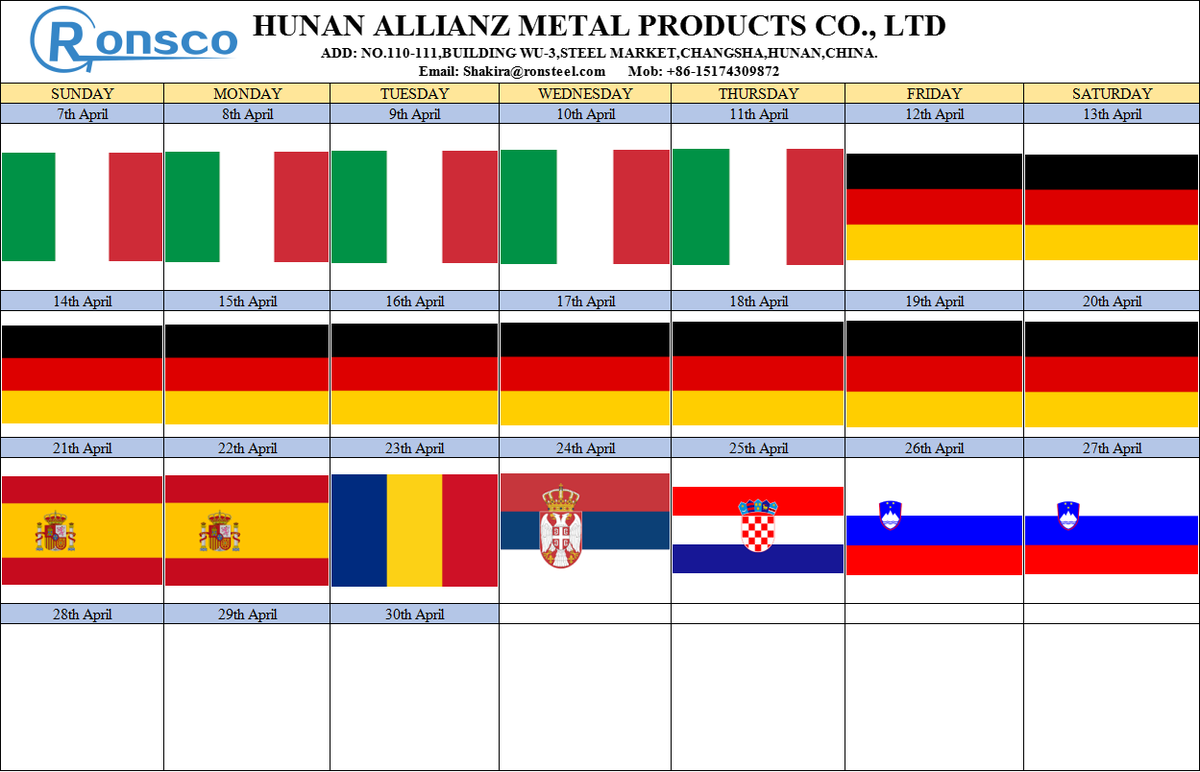 Ronsco Schedule in April!
If you are interested in stainless steel &amp; nickel alloy products, let's meet in Europe!
Email: Shakira@ronsteel.com
#SS304 #Monel #Inconel #Hastelloy #SS316 #Duplex2205 #stainlesssteel #nickelalloy #ASTMA240 #ASTMA312 #PIPES #RODBAR #FITTINFFLAGNG #TEE