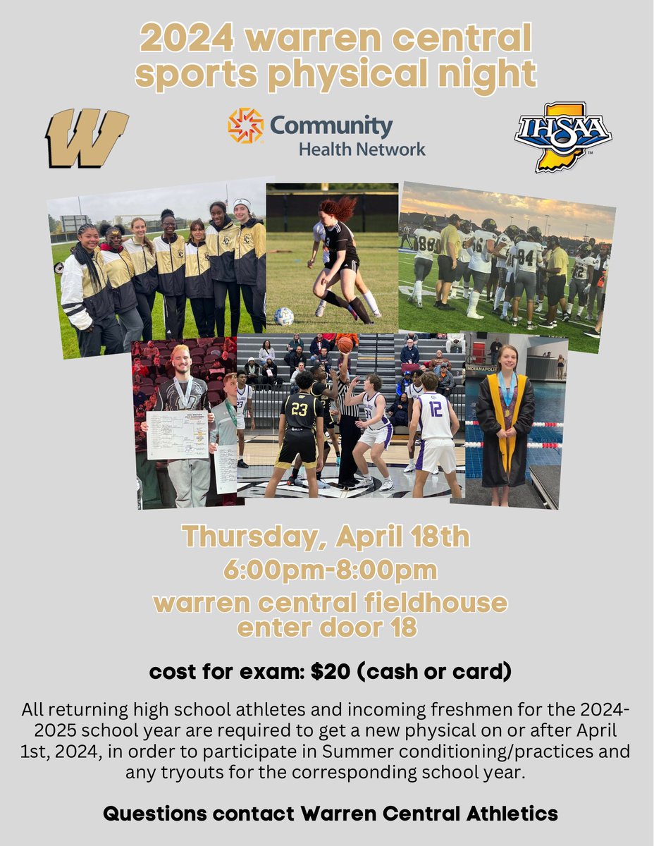 Warriors, SAVE THE DATE and be there for Physical Night on April 18th!! 📍Warren Central Fieldhouse ⌚️6-8pm 💰 $20, cash 💵 or card 💳 ***All returning student-athletes and incoming freshmen @WCMediaKids @SIMS_Athletics @RPMS_Athletics @CIMS_Athletics