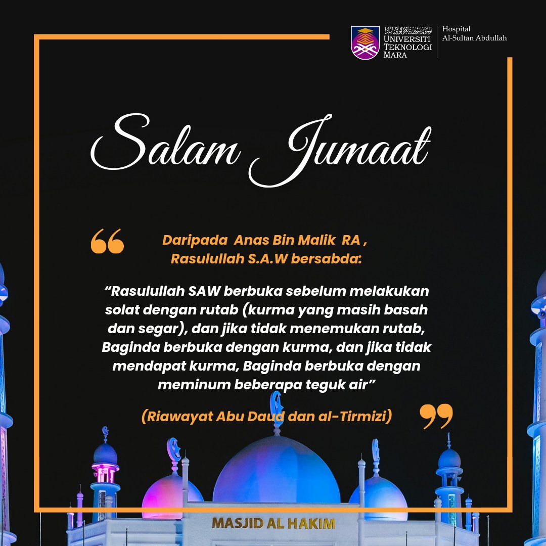 Salam Jumaat
04 Ramadan 1445H 

#HospitalAlSultanAbdullah
#KompetensiGlobal
#MalaysiaMadani
#UiTMdihatiku