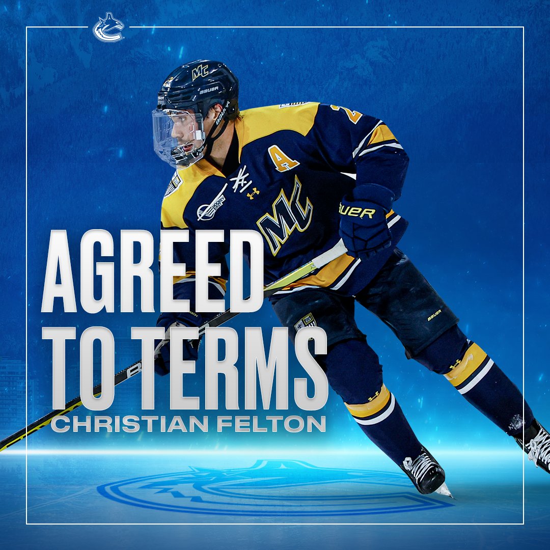 Vancouver Canucks General Manager Patrik Allvin announced today that the club has agreed to terms with defenceman Christian Felton on a one-year, entry-level contract. DETAILS | vancanucks.co/3vfBP9t