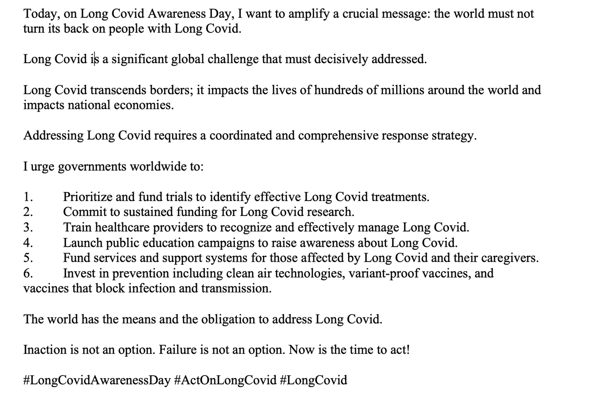 The world must not turn its back on people with Long Covid. Long Covid is a significant global challenge that must decisively addressed. My statement on #LongCovidAwarenessDay #LongCovidAwarenessDay #ActOnLongCovid #LongCovid 👇👇