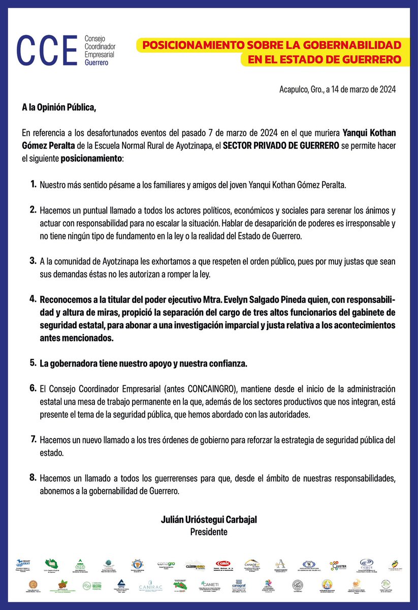 Posicionamiento sobre la Gobernabilidad en el Estado de Guerrero; La Gobernadora <a href="/EvelynSalgadoP/">Evelyn Salgado Pineda</a>  tiene nuestro apoyo y nuestra confianza.