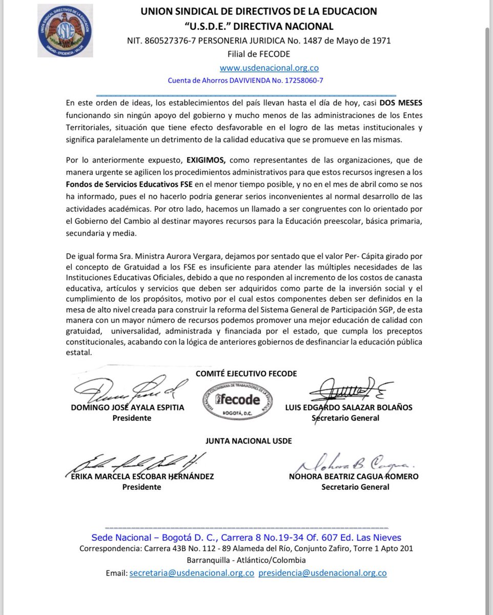 usdenacional's tweet photo. La Organización Sindical de Directivos Docentes - USDE junto con el Cómite Ejecutivo de FECODE solicita a la Ministra @AuroraVergaraF1  la consignación de los recursos del Fondo de servicios educativos a las instituciones educativas oficiales del territorio nacional. https://t.co/dsgp6mjFSR