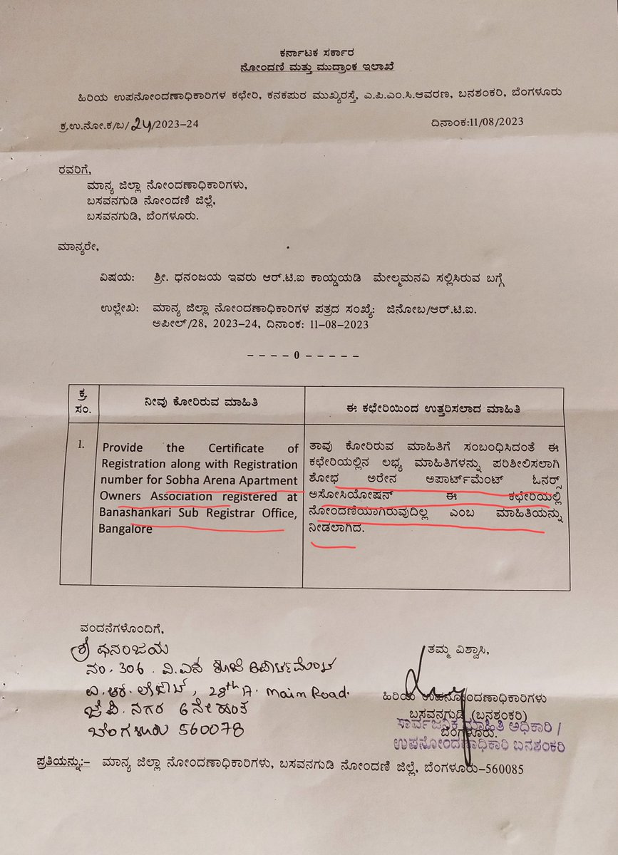 Dhananjaya_Bdvt's tweet photo. Dear @SobhaLtd, You have not registered the Sobha Arena Apartment Owners Association in Sub Registrar or Registrar of Co Operative Society. Where did you register the association? Give us Certificate of Registration of the Association @KA_HomeBuyers @BlrCityPolice @CPBlr https://t.co/OVECd8Qpfd