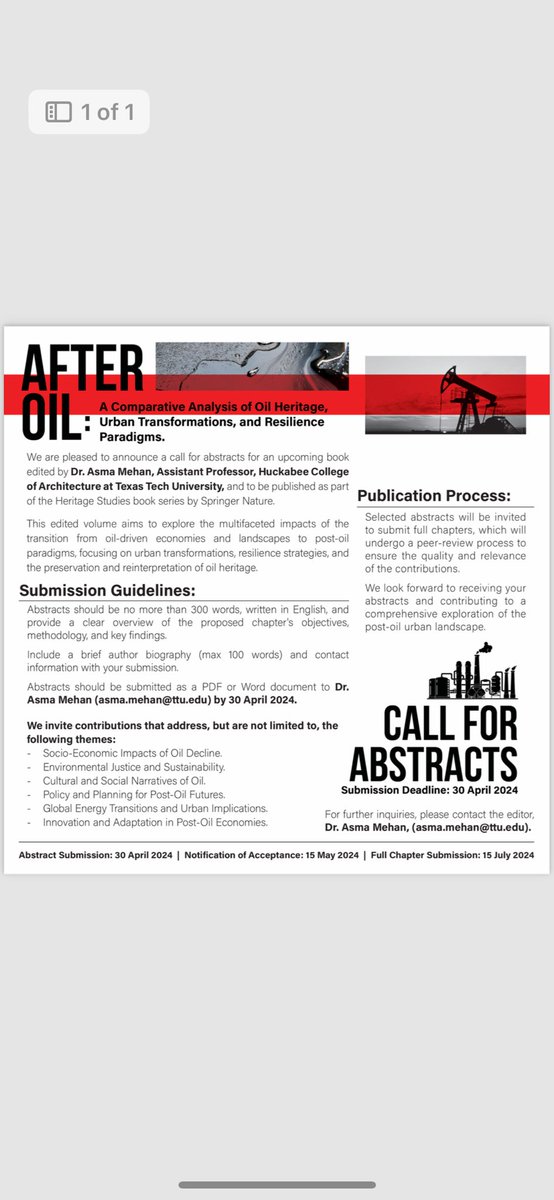 Call for Abstract Proposals

Springer Book “After Oil: A Comparative Analysis of Oil Heritage, Urban Transformations, and Resilience Paradigms,” edited by Dr. Asma Mehan, <a href="/TTUHCOA/">TTU Huckabee College of Architecture</a> , and to be published as part of the Heritage Studies book series by <a href="/SpringerNature/">Springer Nature</a> . This edited