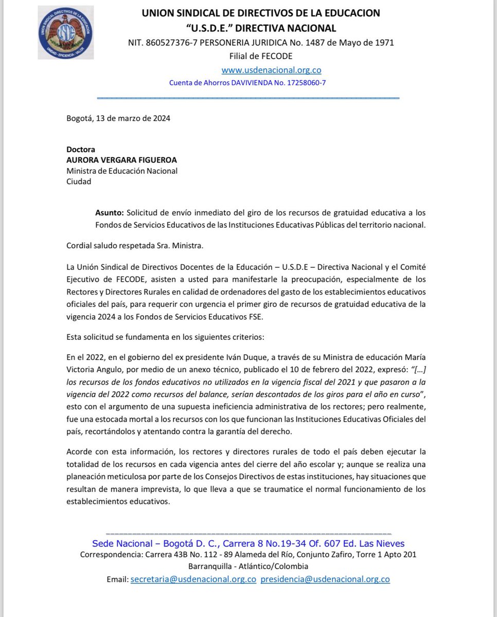 usdenacional's tweet photo. La Organización Sindical de Directivos Docentes - USDE junto con el Cómite Ejecutivo de FECODE solicita a la Ministra @AuroraVergaraF1  la consignación de los recursos del Fondo de servicios educativos a las instituciones educativas oficiales del territorio nacional. https://t.co/dsgp6mjFSR