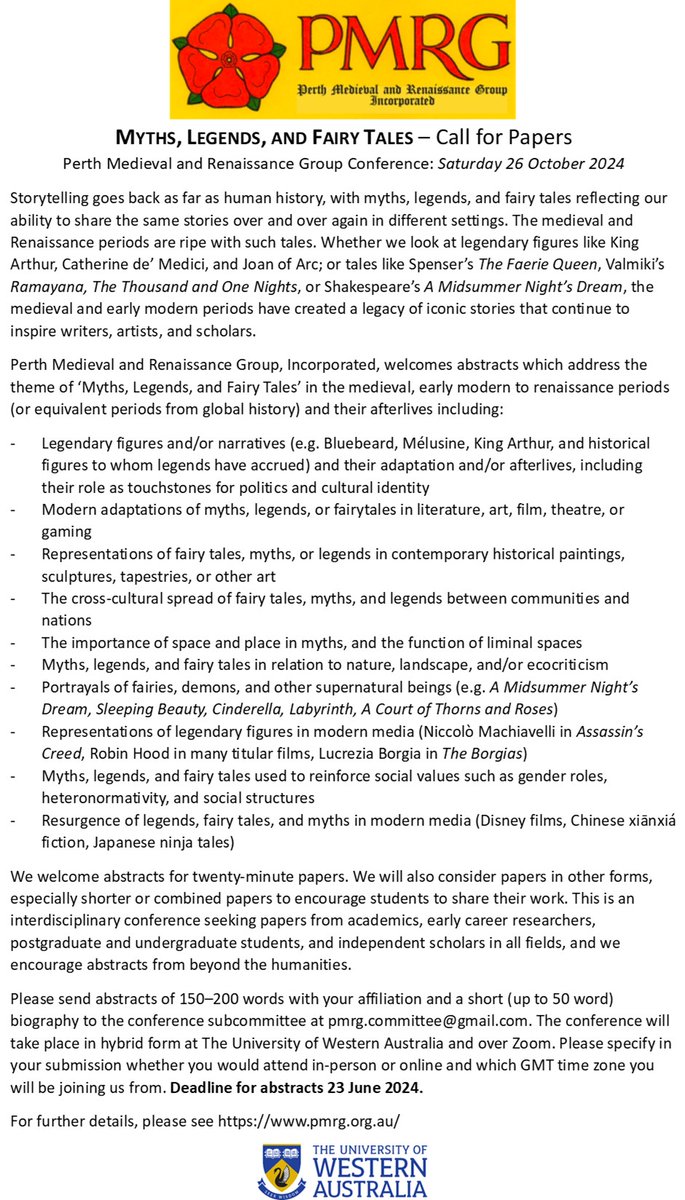 PerthMRG's tweet photo. Call for Papers: @PerthMRG  have opened the call for abstracts for their 2024 conference:
Myths, Legends and Fairy Tales
Held hybrid on Zoom and at the University of Western Australia on Saturday 26 October.
For more details, please see https://t.co/93663Oo5Hm https://t.co/JAvIoiY0m4