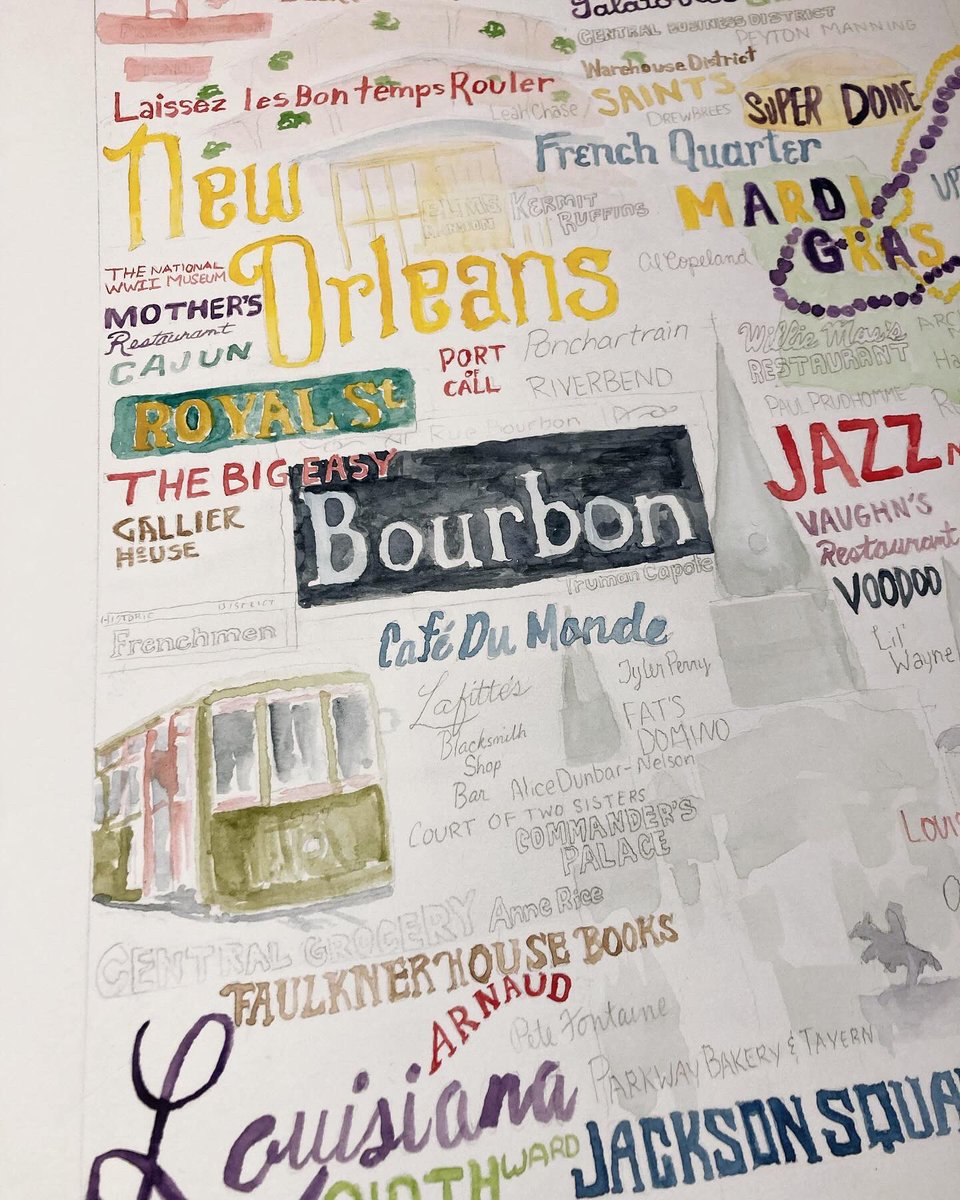 Progress on the watercolor work on my #NewOrleans landmarks piece. It’s the first one I’ve done for a location outside of Mississippi. Still more work to do, but it’s coming along. #landmarks #louisianaart #msartist
