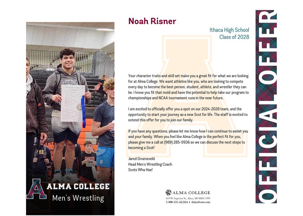 Thankful to say I have received my first wrestling offer to compete at the collegiate level. Big thanks to the coaching staff over at Alma college for this amazing opportunity!