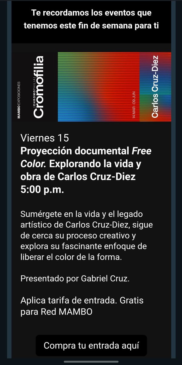 Hadytangible's tweet photo. Mañana van a proyectar el documental de @CarlosCruzDiez #FreeColor en el #MAMBO ✨️ y aprovechan y pasan a disfrutar la exposición Cromofilia que se estrenó hoy. https://t.co/2idaoZ6iFE