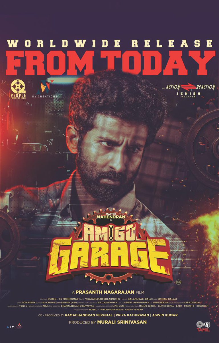 #AmigoGarage From Today in Theatres Near You @Actor_Mahendran @prasanthryk @GMSundar_ @AntonyLRuben @composerbala @kukarthik1 @tipsmusicsouth @sharanyalouis @sabadesigns213 @actor_uday15 @aswinvg1 @srishamurali @vijayakumardop @teamaimpr @Dr_Deepabalu @ActionJe @Iam_Dasarathi09