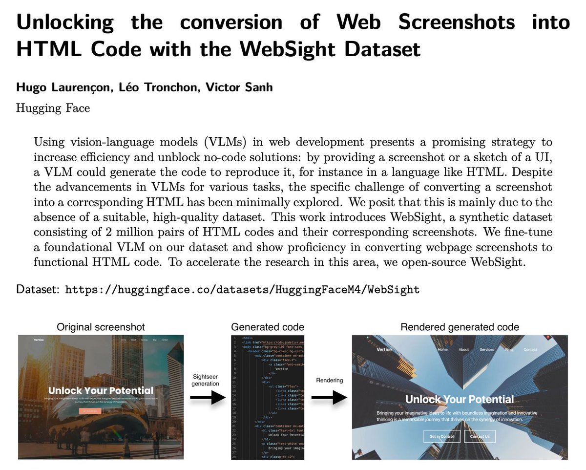 _akhaliq's tweet photo. Hugging Face presents Unlocking the conversion of Web Screenshots into HTML Code with the WebSight Dataset

Using vision-language models (VLMs) in web development presents a promising strategy to increase efficiency and unblock no-code solutions: by providing a https://t.co/B6tHube49Z