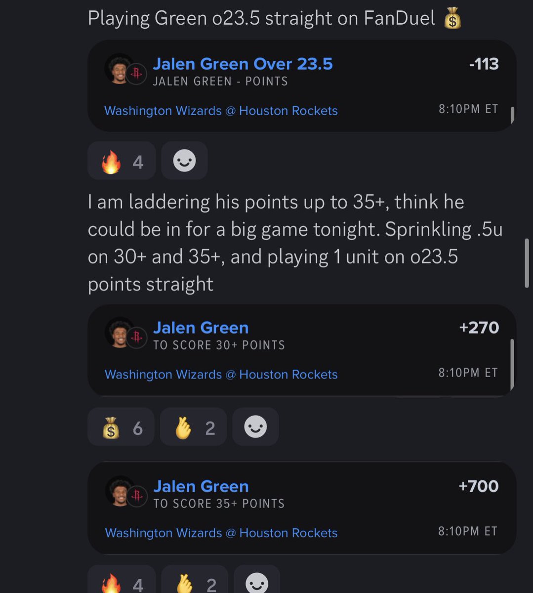 FadeLocks's tweet photo. Jalen Green MAX LADDER BANG ✅ Called out in VIP since the AM 🎯 

o23.5 -113 ✅
30+ +270 ✅
35+ +700 ✅

@BookitWithTrent pitched this out in your stream earlier, hopefully I got to make people some coin!! 

#GamblingX #nba https://t.co/01gCaUGuBX