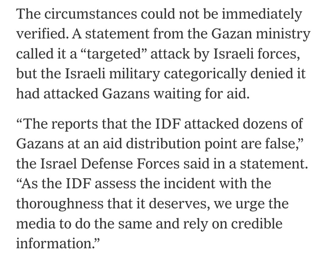 One of the bravest journalists in the world, Hind Khoury, is able to report that an IDF helicopter killed Gazans waiting for food aid. While the @nytimes reports whatever the IDF tells them.
