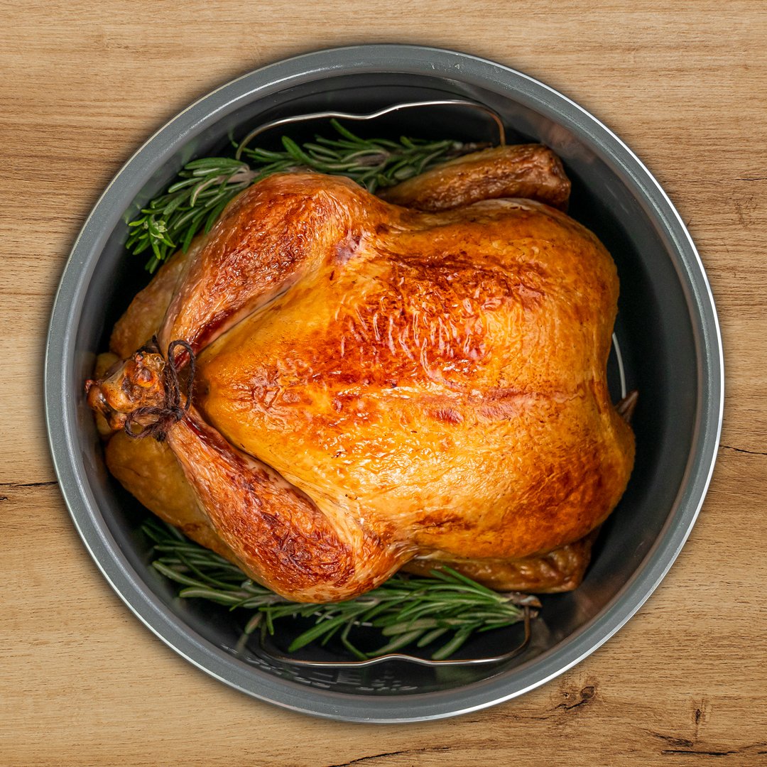 cosoriph's tweet image. A golden, succulent roast chicken, lovingly prepared to perfection with the innovative technology of Cosori. Each tender bite, infused with the flavors of fresh herbs, is a testament to the ease and excellence of cooking with Cosori products. #CosoriKitchen #RoastPerfection