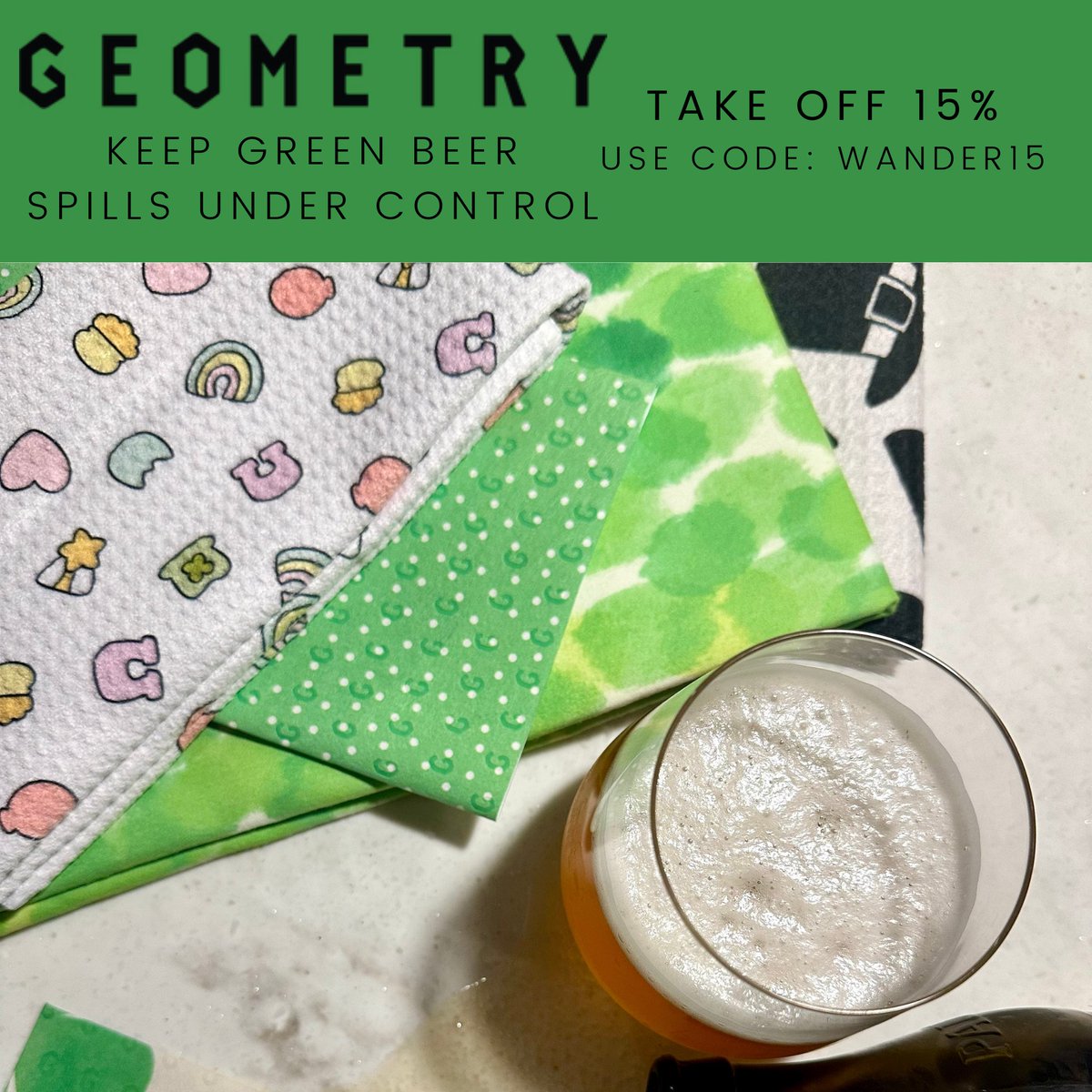 Introducing these adorable towels from @GeometryHouse , perfect for all your St. Patty's Day needs. Made from post-consumer recycled materials, you can feel good about using them all year round! geom.crrnt.app/wbM-eAwK Wander15 for 15% off St. Patty's designs + more