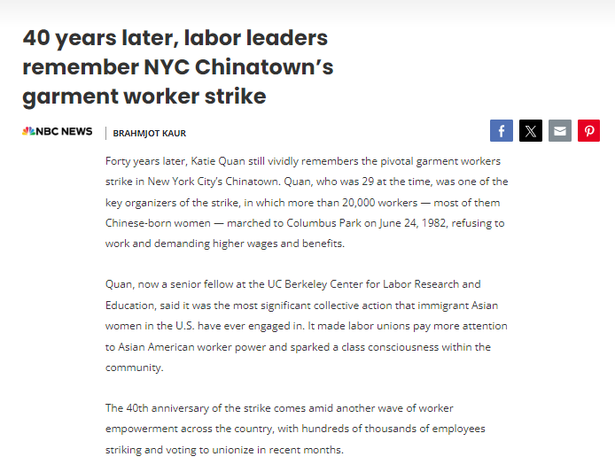 NYC Chinatown's garment worker strike was the largest for Chinatown and one of the largest in the industry. Katie Quan, one of the key organizers of the strike, reflects on it 40+ years later. Read it all here, and spot the photos from our collections! aol.com/40-years-later…