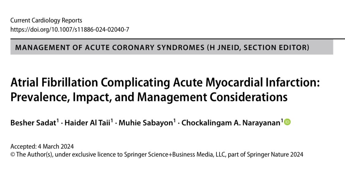 Arun Narayanan (@carunnarayanan) on Twitter photo Excellent review article published today in Current Cardiology Reports by Dr. Besher Sadat et al. highlighting the complex interplay between atrial fibrillation and myocardial infarction.
<a href="/deansabayon/">Dean Sabayon</a>
<a href="/HaiderTaii/">HAIDER AL TAII</a>
<a href="/docHJ/">Hani Jneid MD</a>
<a href="/utmbcardiology/">UTMB Cardiology</a> Excellent review article published today in Current Cardiology Reports by Dr. Besher Sadat et al. highlighting the complex interplay between atrial fibrillation and myocardial infarction.
<a href="/deansabayon/">Dean Sabayon</a>
<a href="/HaiderTaii/">HAIDER AL TAII</a>
<a href="/docHJ/">Hani Jneid MD</a>
<a href="/utmbcardiology/">UTMB Cardiology</a>