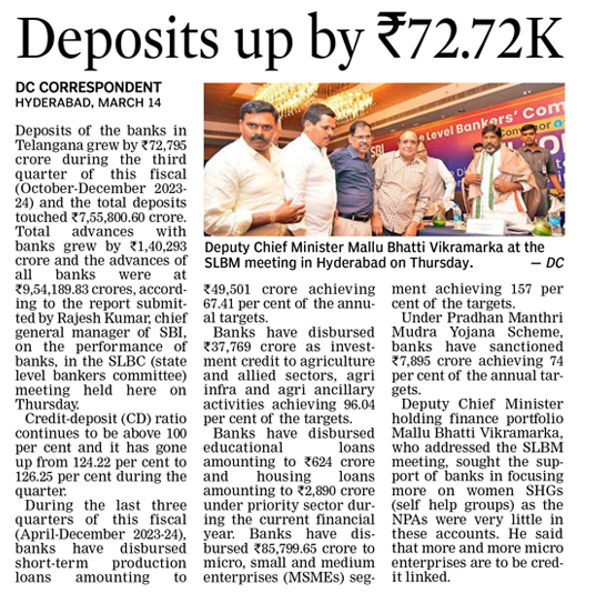 Bank deposits in Telangana have surged, reaching a staggering 72.72 lakh crore. A testament to the region’s robust economic growth.  

#TelanganaEconomy #BankingGrowth #FinancialHealth