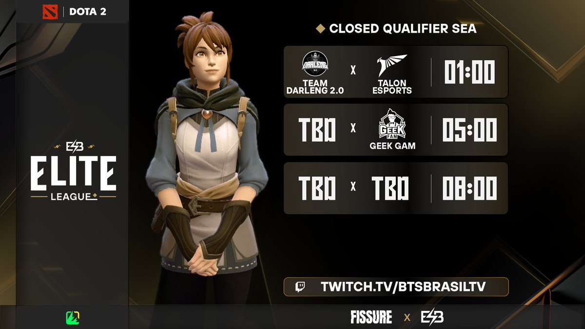 BTSBrasilTV's tweet photo. 🏆 ELITE LEAGUE

🔸 CLOSED QUALIFIER SEA

Team Darleng 2.0 🆚 @TALON_ESPORTS
A DEFINIR 🆚 @TeamGeekFam
A DEFINIR 🆚 A DEFINIR

🎙️: @Patty_Sza, @MisterCeifa, @Spynon e @ehvydota

📺 https://t.co/Cgc6JqchR3
⏰ 01:00

#Dota2 | #EliteLeague