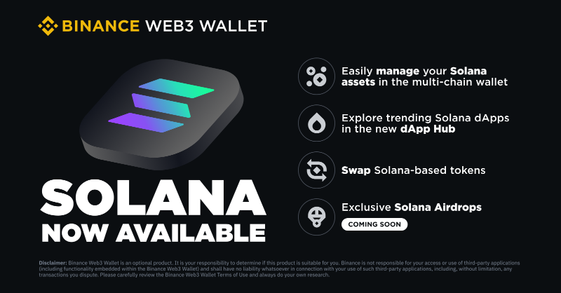 BinanceWallet's tweet photo. #Binance Web3 Wallet is now integrated with @solana!

You can now easily manage, trade, access dApps and participate in upcoming airdrops with the wallet!

Start here 👇