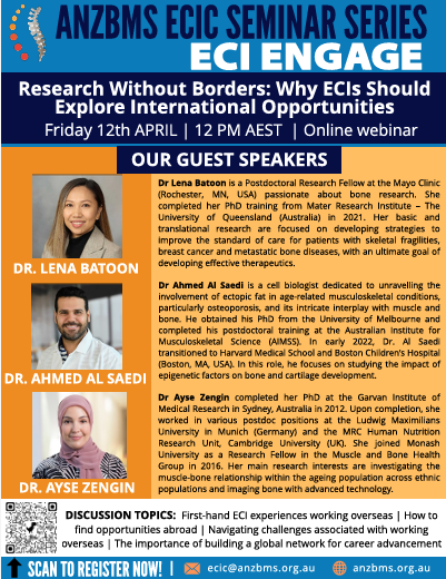 📢The @ANZBMSoc #ECIEngage Seminar Series is back! Everyone is welcome to join our first virtual seminar for 2024 on Friday 12th April (12-1pm AEST)! Our invited speakers will be sharing their experiences/insights into working overseas. REGISTER HERE: docs.google.com/forms/d/e/1FAI…