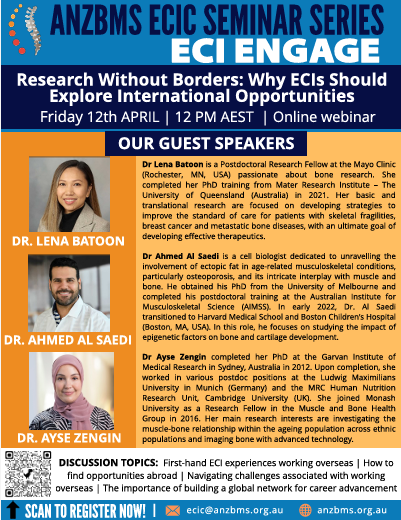📢The <a href="/ANZBMSoc/">ANZBMS</a> #ECIEngage Seminar Series is back! Everyone is welcome to join our first virtual seminar for 2024 on Friday 12th April (12-1pm AEST)! Our invited speakers will be sharing their experiences/insights into working overseas.
REGISTER HERE: docs.google.com/forms/d/e/1FAI…