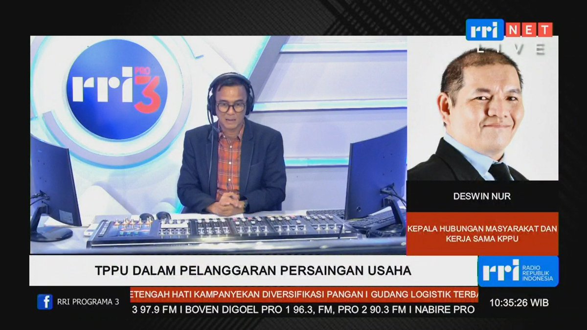 RRIPrograma3's tweet photo. #live
Saat ini sdg berlangsung dialog dg topik TPPU dalam Pelanggaran Persaingan Usaha bersama Deswin Nur- Kepala HUbungan Masyarakat dan Kerja Sama KPPU yg dipandu oleh Rudy Zein
Selengkapnya dengarkan di 88,8FM & RRI Digital #IMPagi https://t.co/HwlE58suu4