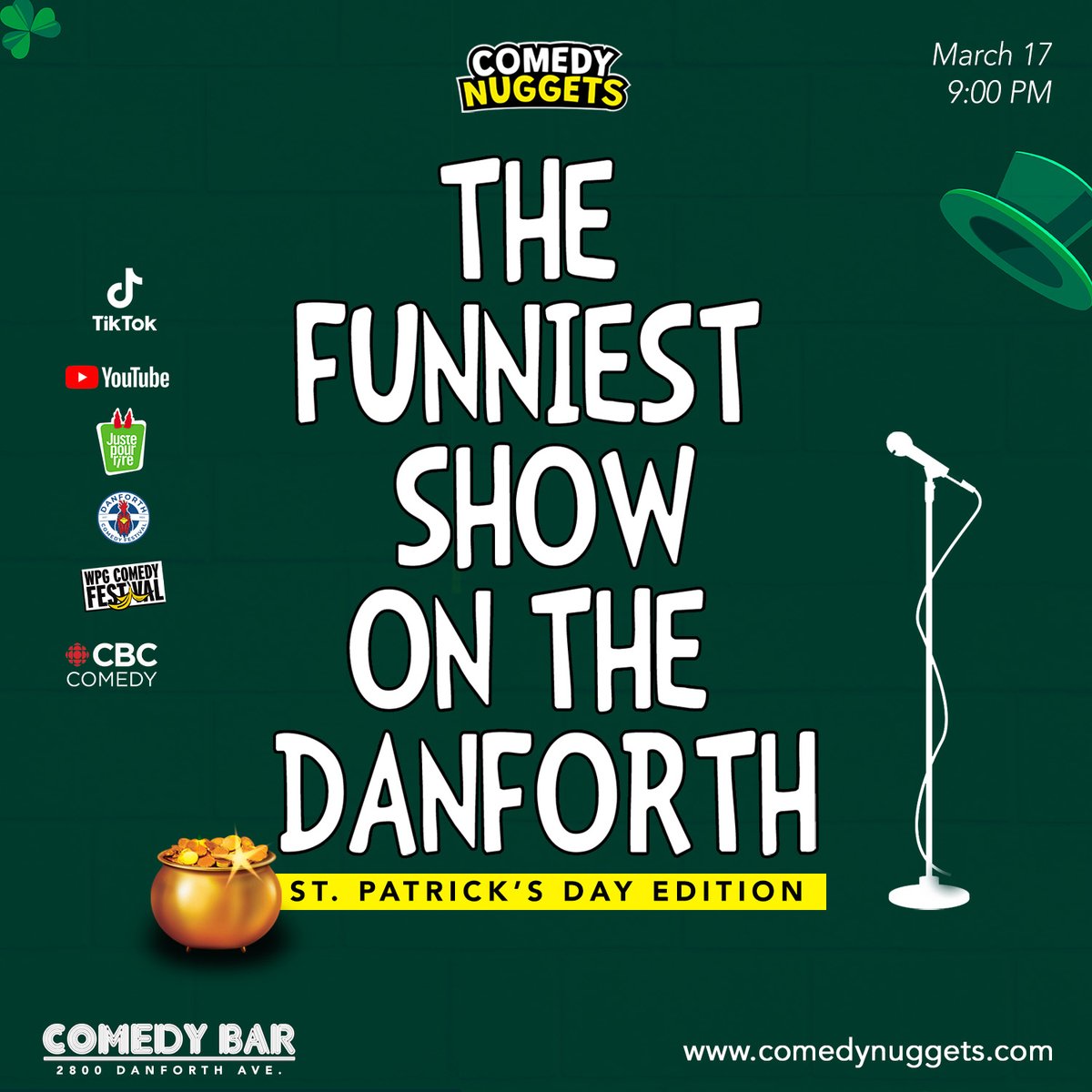 Comedy Nuggets (@comedynuggets) on Twitter photo Come laugh on St. Patrick's Day with The Funniest Show on The Danforth! We're making it hilarious at <a href="/comedybar/">COMEDY BAR</a>.
Comedy Bar Danforth, 9PM
2800 Danforth Ave, Toronto.
Comedians: <a href="/KyleLuceyComedy/">Kyle Lucey</a>, <a href="/lukelynndale/">luke lynndale</a>, Jeff O'Brien, Andrew Ireland.
TICKETS
tinyurl.com/y3hzue6m Come laugh on St. Patrick's Day with The Funniest Show on The Danforth! We're making it hilarious at <a href="/comedybar/">COMEDY BAR</a>.
Comedy Bar Danforth, 9PM
2800 Danforth Ave, Toronto.
Comedians: <a href="/KyleLuceyComedy/">Kyle Lucey</a>, <a href="/lukelynndale/">luke lynndale</a>, Jeff O'Brien, Andrew Ireland.
TICKETS
tinyurl.com/y3hzue6m