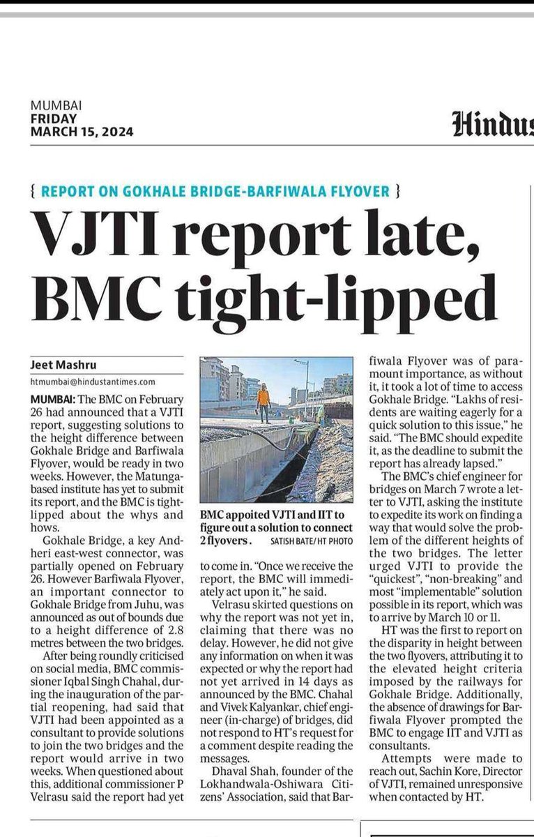 AndheriLOCA's tweet photo. VJTI report late
BMC tight lipped
📰 @mashrujeet
Gokhale Bridge Barfiwala flyover
MC Chahal promised on 25th Feb Inauguration
Report will be out in 2 weeks
Almost 3 weeks about to get over
Citizen's demand urgent implementation of suggested corrective action

@sameeratweeter
@Anujalankar9