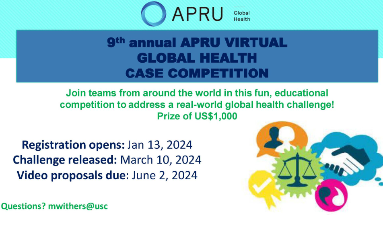 Start registration for your teams today for the 9th Annual #APRU Global Health Virtual Case Competition. Registration deadline: April 19, 11:59am Pacific Time. Read more: apru.org/event/the-9th-… Registration: usc.qualtrics.com/jfe/form/SV_1N…