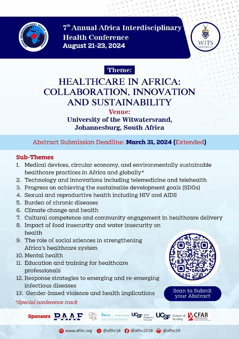 Abstract submission deadline for #AfIHC2024 extended to March 31. Submit your abstract today! @UCSFNurse @UCSF_ObGynRS @WitsUniversity @IGHSatUCSF @ucghi @UCSFBixby @UCSFCAPS @UCSFCAPS