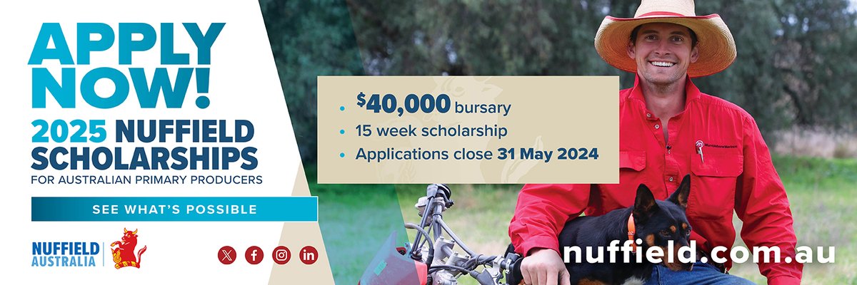 Applications for 2025 Nuffield Scholarships are open! Each scholarship is valued at $40k & those interested in drought resilience, horticulture, grains, dairy, wool, fisheries, livestock or cotton are encouraged to apply. 👉 nuffield.com.au 

#nuffieldag #aussiefarmers
