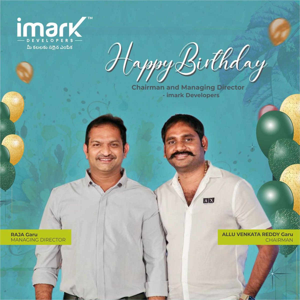 iMarkDevelopers's tweet photo. Happy birthday to our esteemed chairman, ALLU VENKATA REDDY Garu, and managing director, RAJA Garu, from the imark Developers team! ππ #HappyBirthday #Chairman #ManagingDirector #ImarkDevelopers https://t.co/g18p7r5zWL