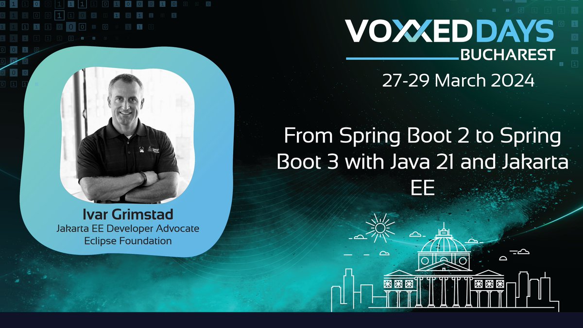 VoxxedBucharest's tweet photo. Don't miss @ivar_grimstad at @VoxxedBucharest 2024! Gain insights into Jakarta EE 9's shift from `javax.*` to `jakarta.*` and its impact throughout the entire Java ecosystem, Spring being no exception.
Details and tickets here: https://t.co/iMNuv9kGtF

#itwillbefun https://t.co/CFEFBMOoRd