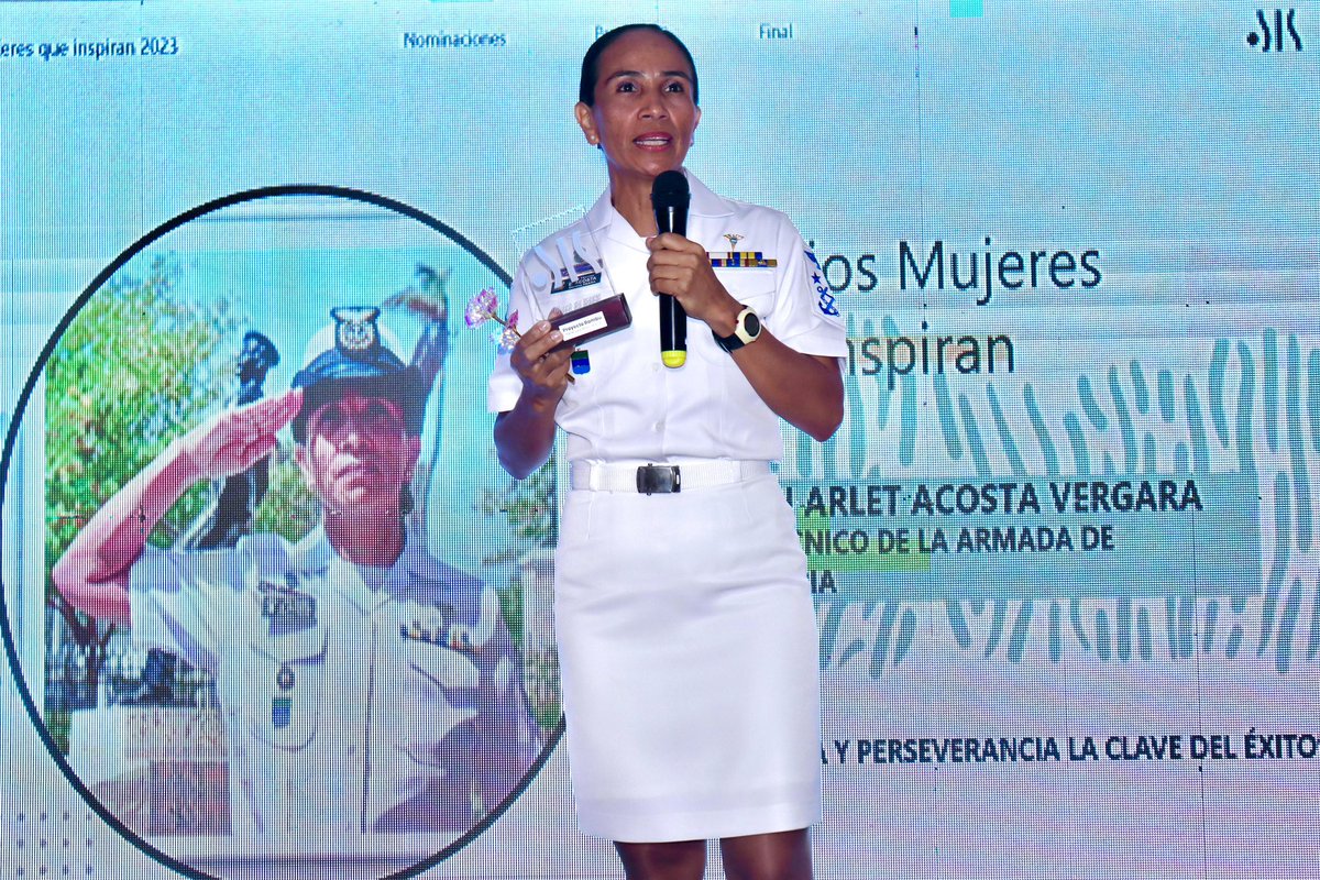EscuelaSubNaval's tweet photo. Felicitamos a la señora Jefe Técnico Enith Acosta Vergara, la primera mujer Suboficial de la @ArmadaColombia seleccionada para integrar el programa #PISAJ, quien recibió el premio #MujeresQueInspiran2024 en la categoría Fuerza Pública por parte de la Fundación Proyecto Bambú👏🏼👩🏽 https://t.co/ap6zSun5HF
