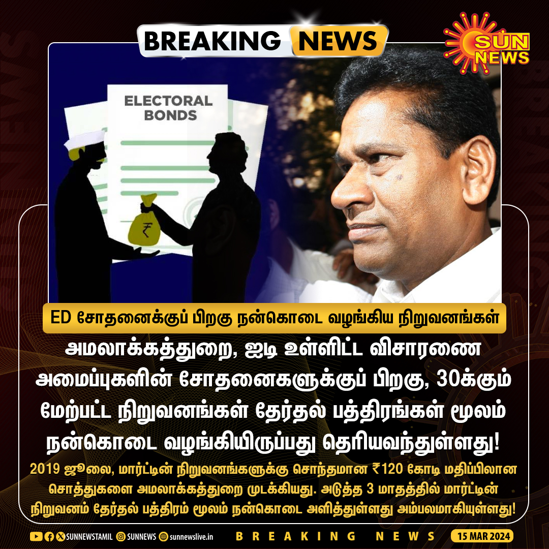 sunnewstamil's tweet photo. #BREAKING | ED சோதனைக்குப் பிறகு நன்கொடை வழங்கிய நிறுவனங்கள்!

#SunNews | #ElectoralBondsCase | #MartinGroups | #SBI https://t.co/SQzLPRVnkb