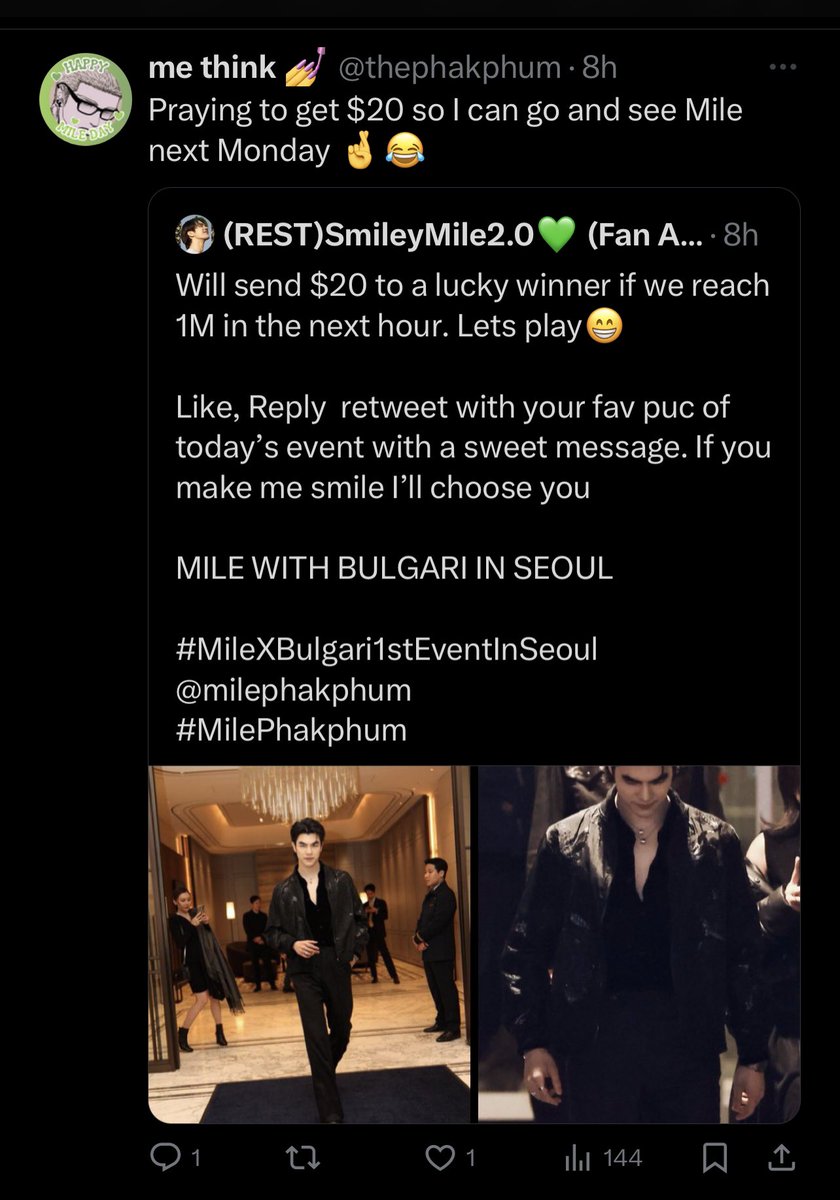 Final winners are <a href="/PhakArchives/">NIA loves Mile</a>(cuz her message was so sweet) and <a href="/thephakphum/">me think 💅</a>( cuz it will help her see Mile in Malaysia nextweek). Chosen by my mom 😁

Have fun with Mile in Malaysia 💚🔥

MILE WITH BULGARI IN SEOUL

#MileXBulgari1stEventInSeoul <a href="/milephakphum/">mile phakphum</a>
#MilePhakphum