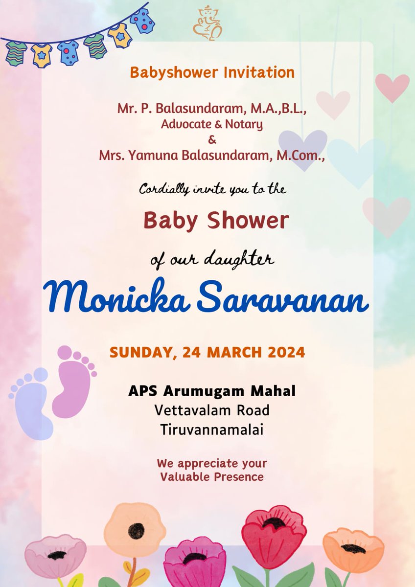 I have a baby shower function for my daughter on the 24th Sunday of this month, The function will be held at Tiruvannamalai town.I invite my Twitter friends on the occasion and grace the function and bless my daughter.