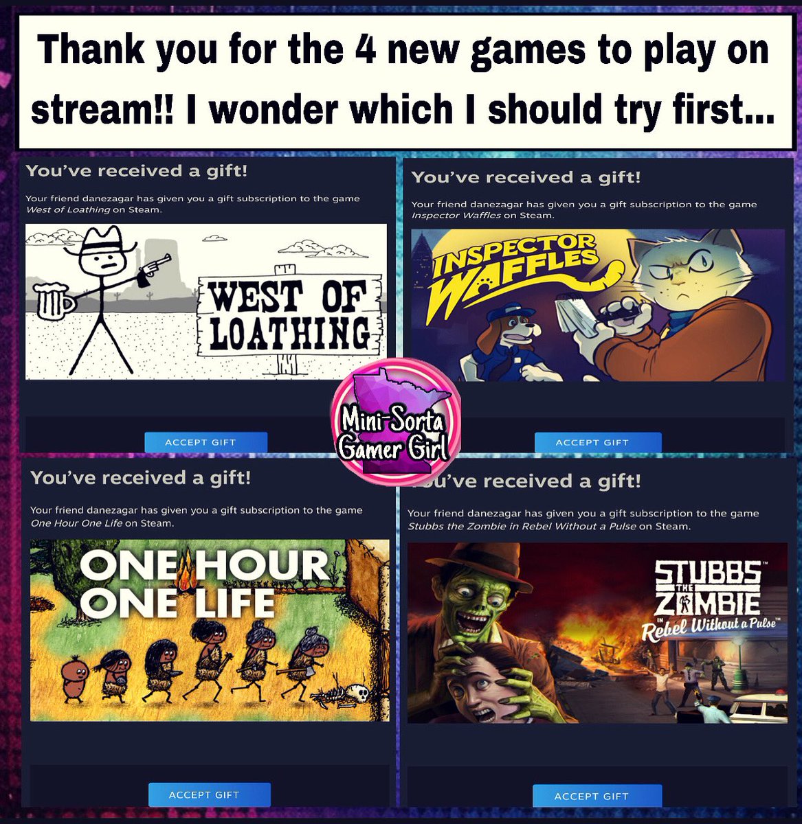 MiniSortaGamerG's tweet photo. A friend gifted me a few new games to stream!!😆
But hmmm…. Where to start?
👉🏿Let me know in the comments which you would prefer to see/help me play!
#onehouronelife #westofloathing #inspectorwaffles #stubbsthezombie #gamergirl #minnesotagamer #mngamer #boomergamer #steamgames https://t.co/jxl3HP3n4G