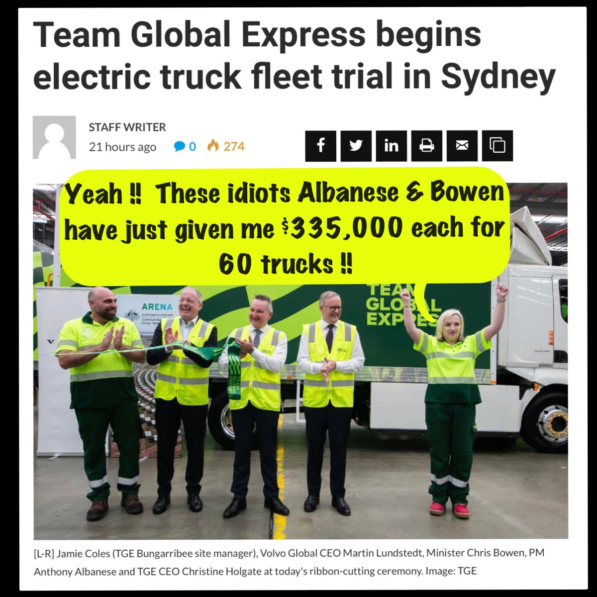 craigkellyAFEE's tweet photo. $335,000 per truck in taxpayer funded subsidies. 

No wonder they are celebrating. 

https://t.co/0bMVyziMoj