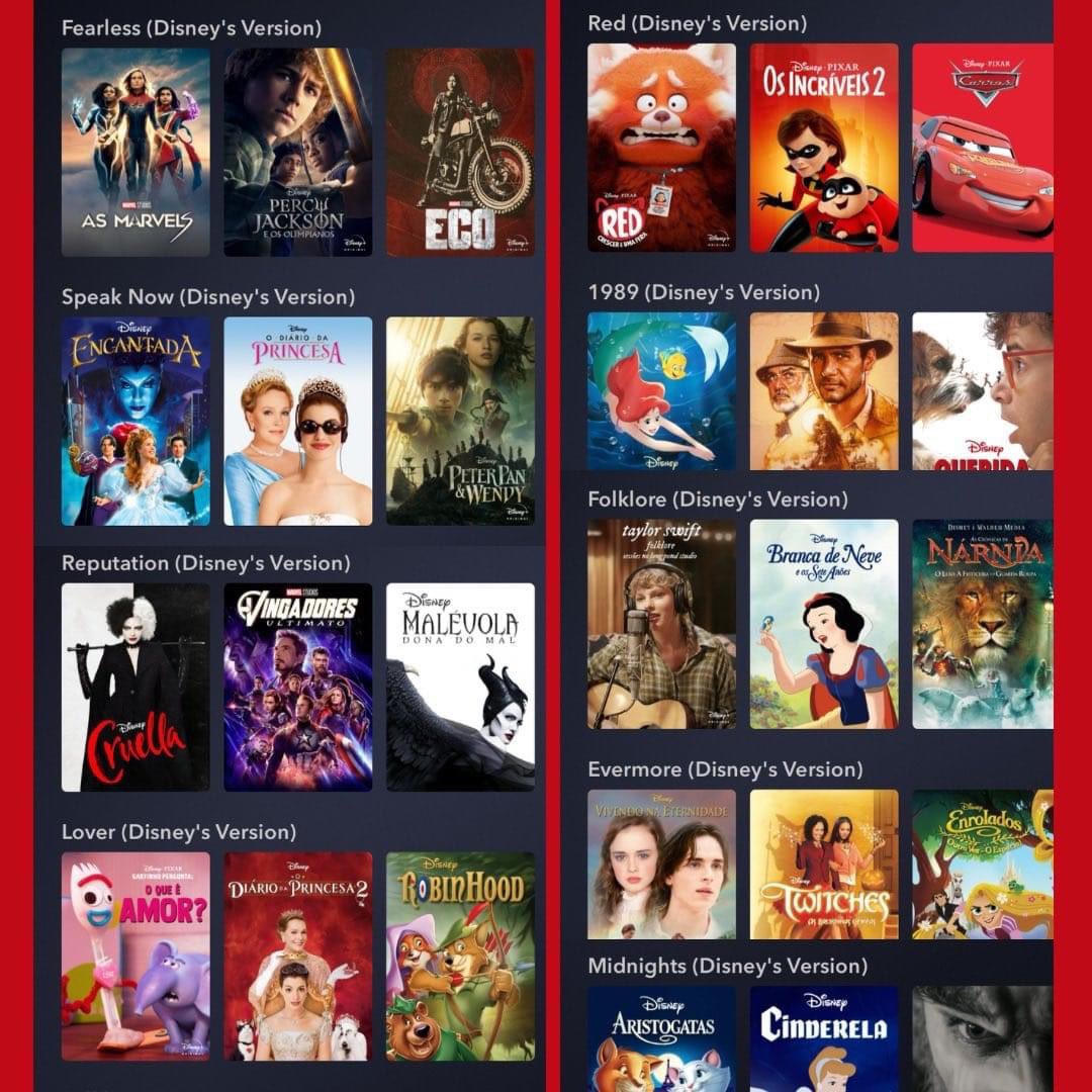 porqueTTarg's tweet photo. "Disney+":

Porque organizó todas sus películas con el nombre de "Disney's Version" junto a cada era musical de Taylor Swift, en honor al lanzamiento de "The Eras Tour (Taylor's Version)" en la plataforma. https://t.co/tq8IVPGHaL