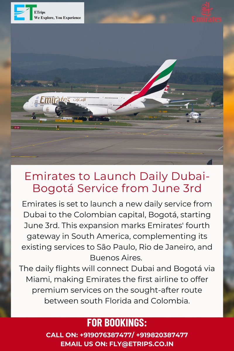 Emirates to Launch Daily Dubai-Bogotá Service from June 3rd
@emirates #Emirates #DubaiToBogota #DailyService #FlightLaunch #Etrips #Flightbooking #Hotelbooking #Tourpackage #Booknow #TravelToBogota #June3rd #EmiratesAirlines #NewRoute #AirTravel #Travelupdates #Travelnews