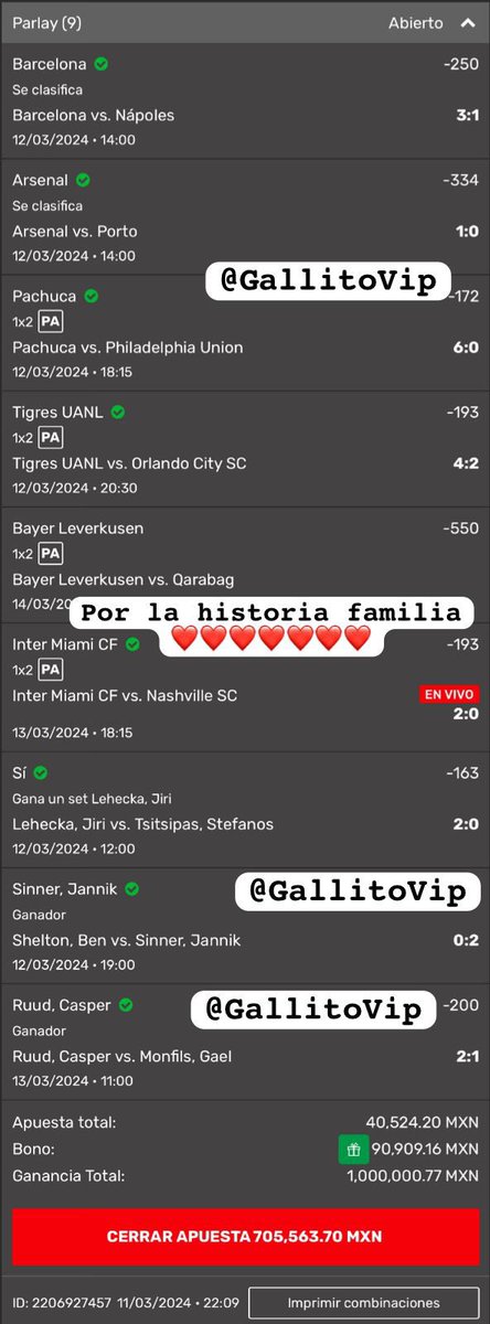 bunkerspicks's tweet photo. ACABAMOS DE COBRAR EL PARLEY DE GALLITOVIP🇲🇽

Nosotros dejamos este parley totalmente GRATIS en mi grupo. Apoyame con un ❤️ y un RT para que pueda seguir dejando cosas gratis aqui💎 https://t.co/Mp4lvH1S6d
